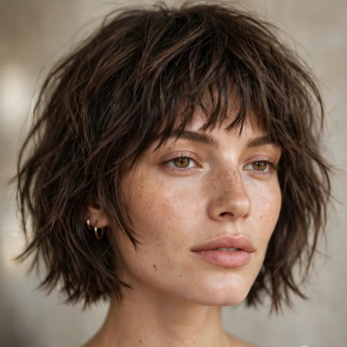 Woman with a choppy French bob and textured fringe