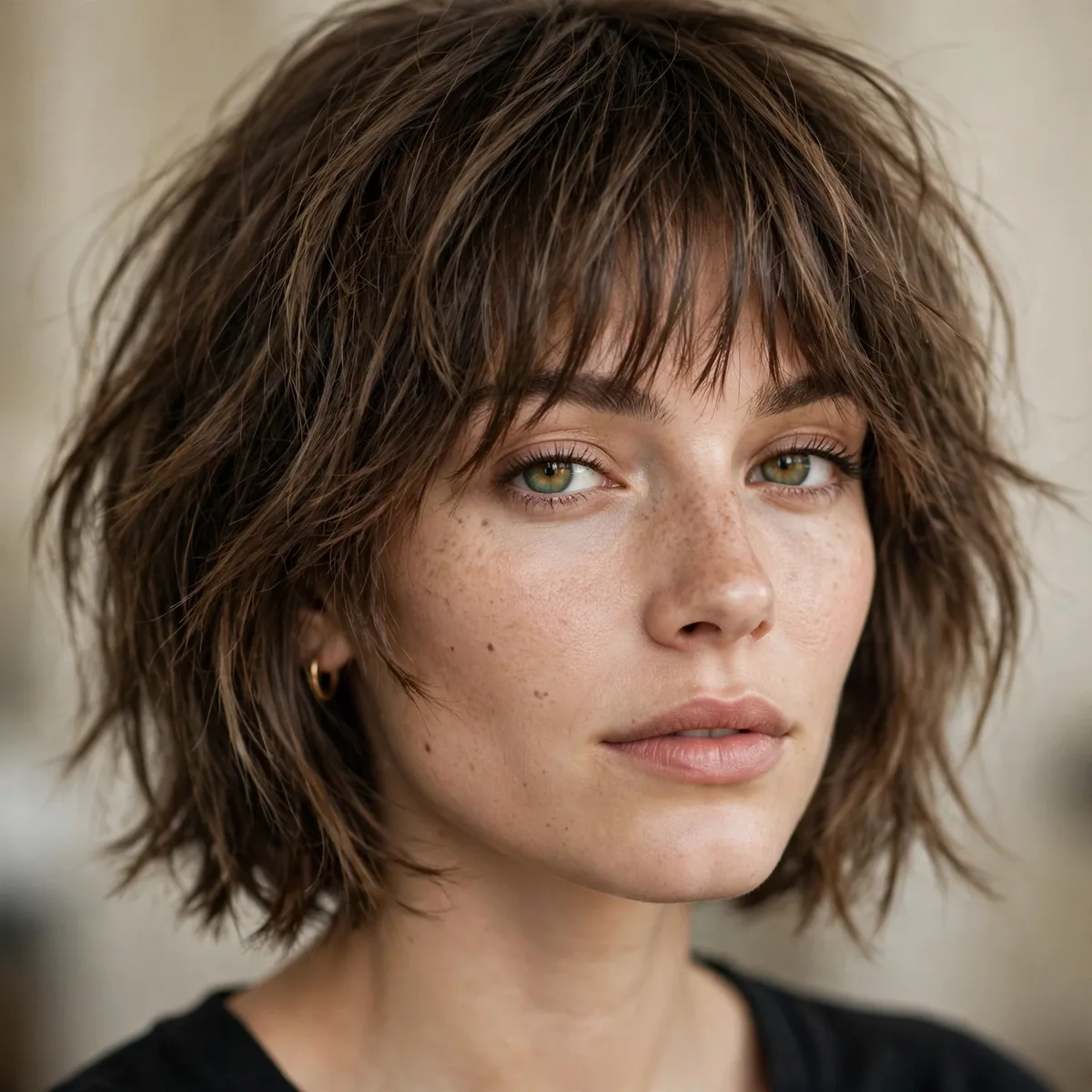 Woman with a shaggy jawline-length bob and choppy bangs