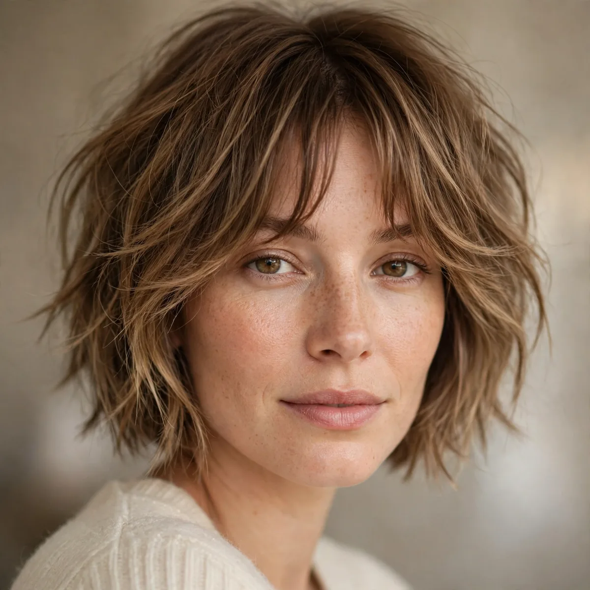 Woman with a piece-y choppy bob and curtain bangs