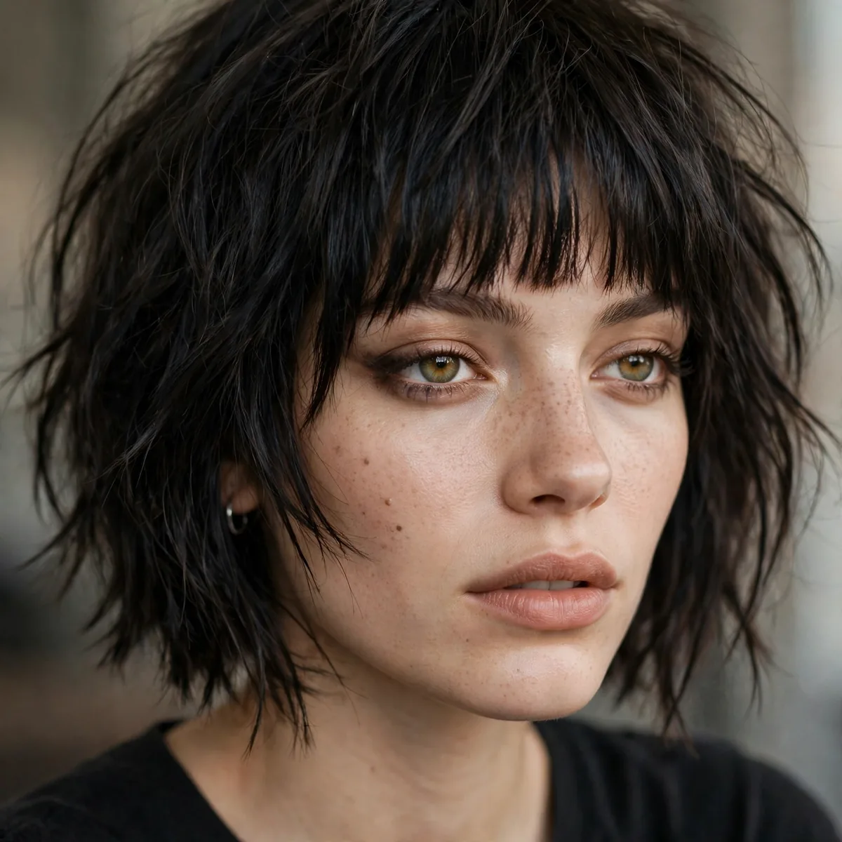 Woman with a grunge-inspired choppy bob and heavy bangs