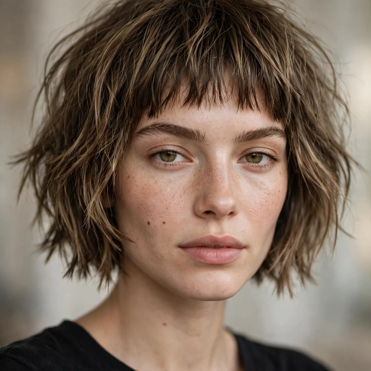 Woman with a choppy bob and choppy micro bangs