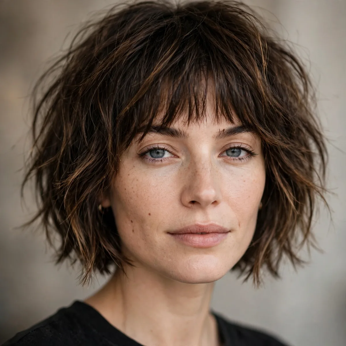 Woman with a lived-in textured choppy bob and bangs