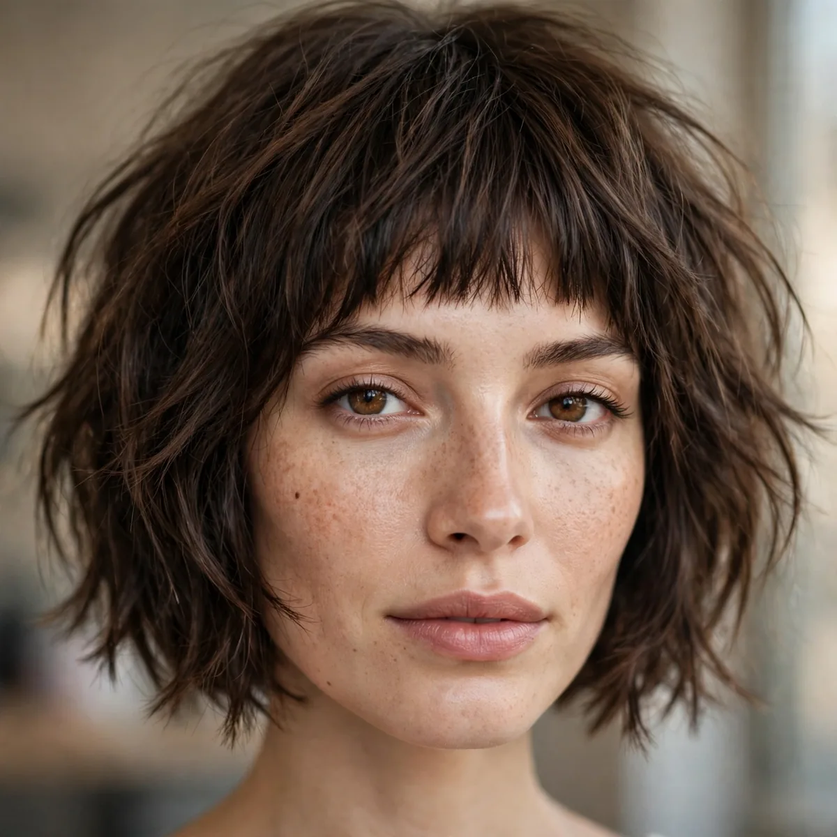 Woman with a choppy bob and short baby fringe bangs