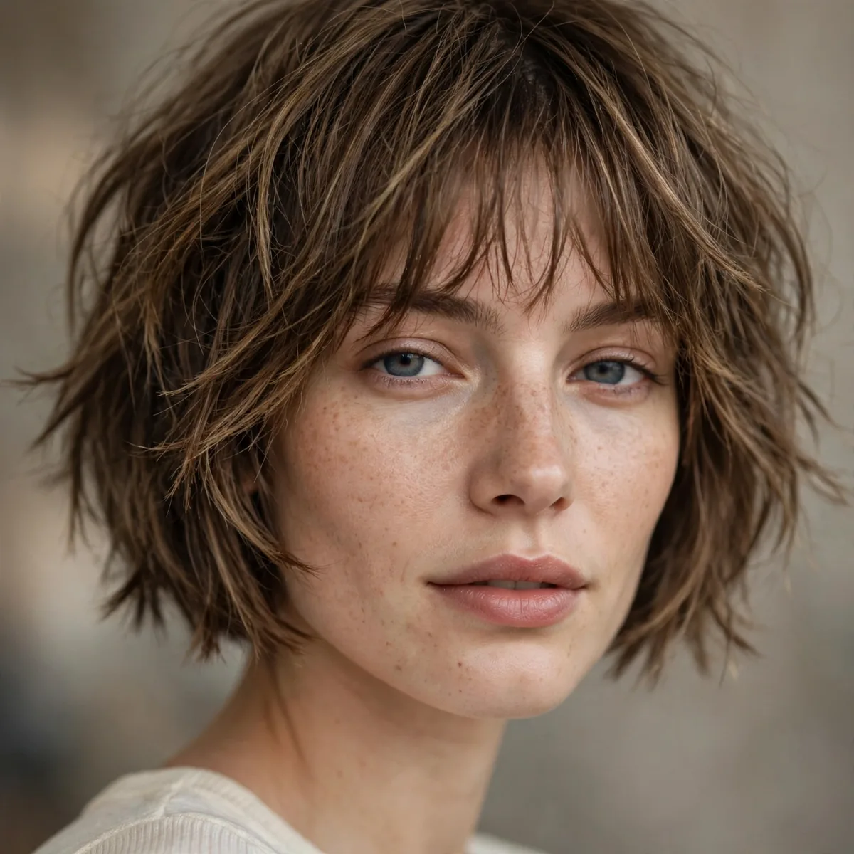 Woman with a textured choppy bob and wispy bangs