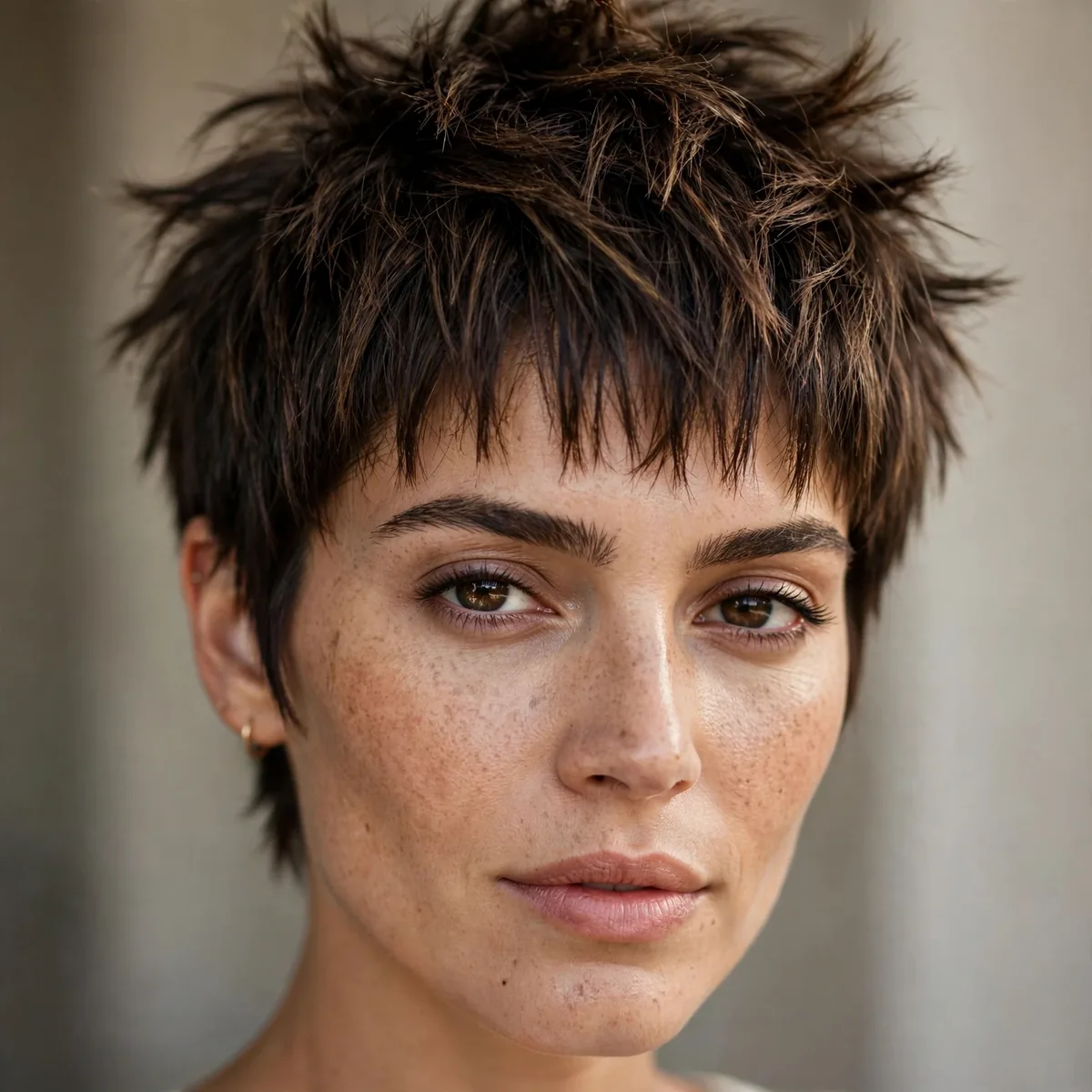 Woman with a spiky pixie-bob choppy cut and textured bangs