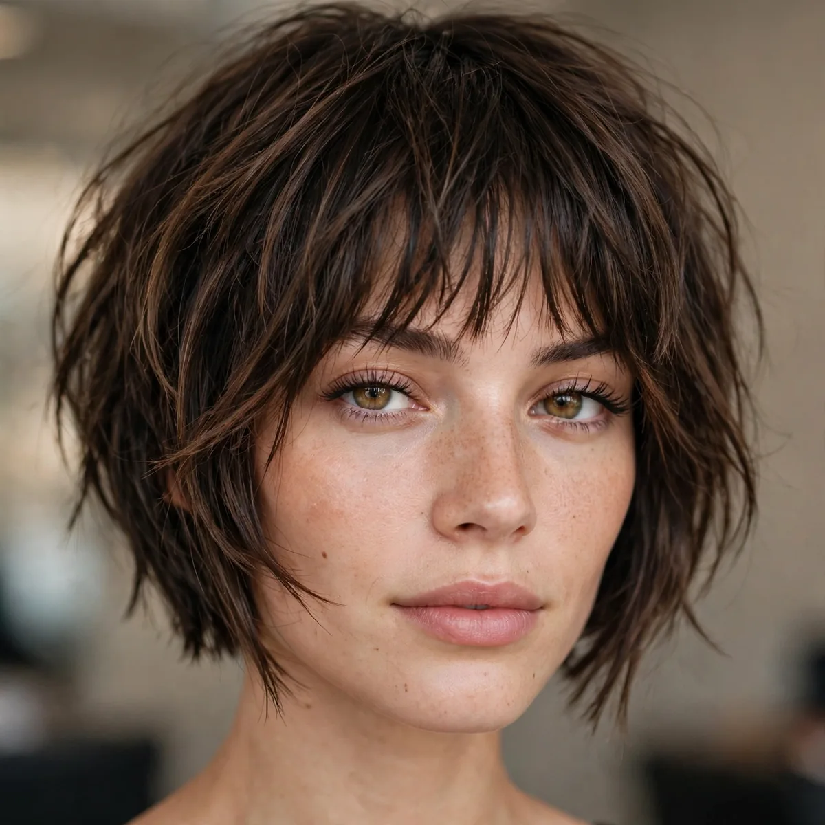 Woman with a choppy inverted bob and textured bangs