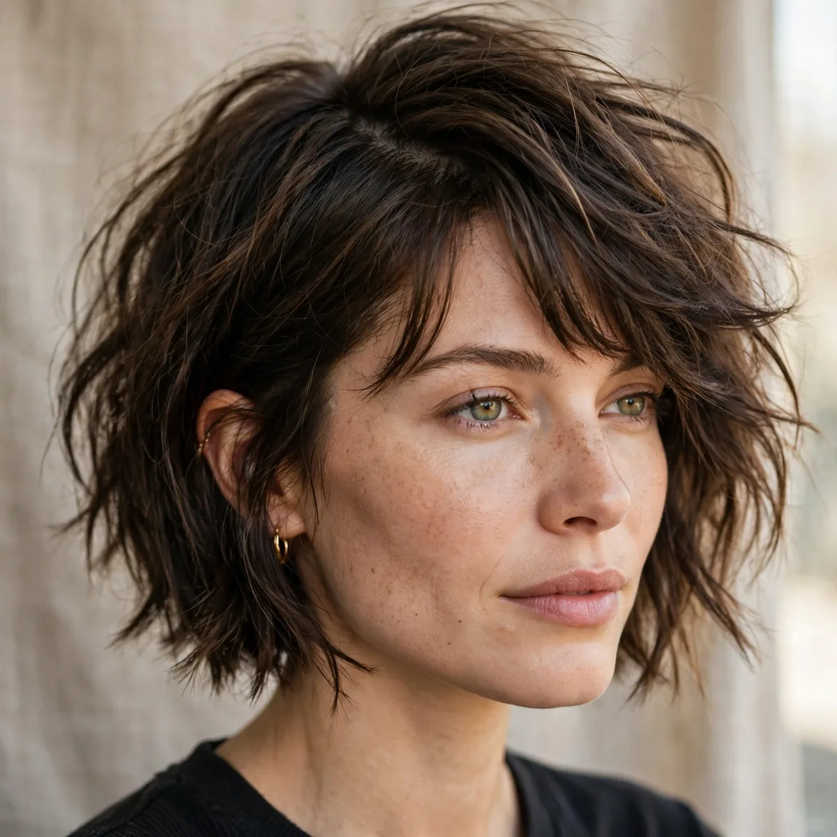 Woman with a messy side-parted choppy bob and bangs