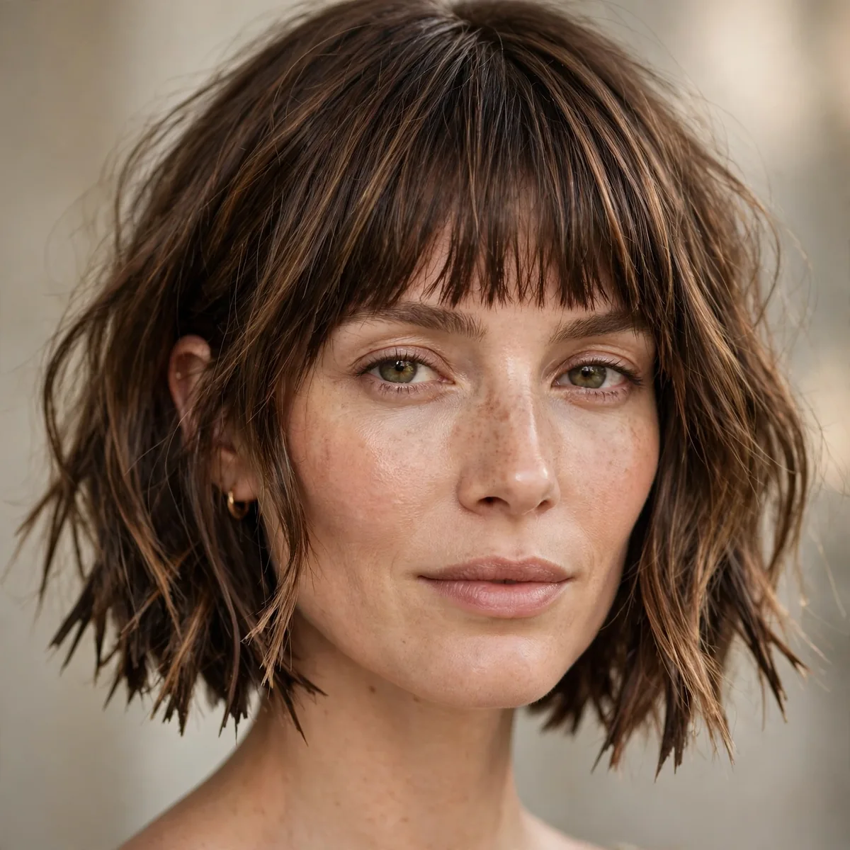 Woman with a shattered blunt choppy bob and straight bangs