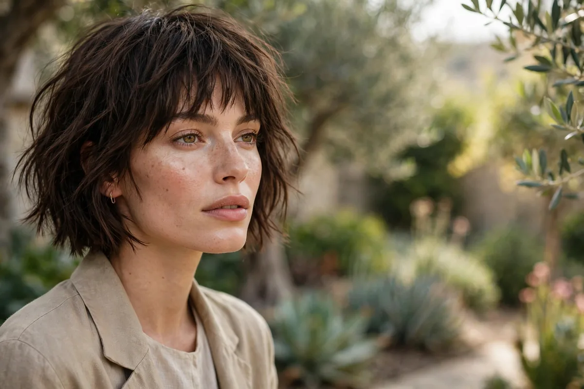 Woman with a choppy textured bob and piece-y bangs