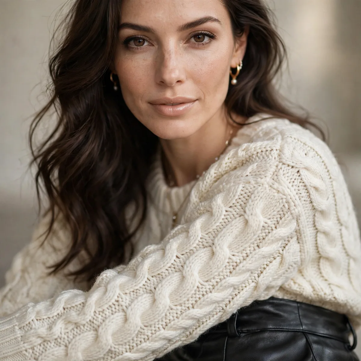 Cable knit sweater with leather skirt