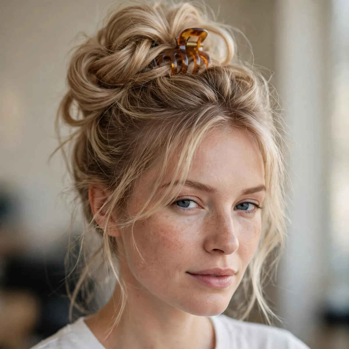 Woman with fine hair in a voluminous twisted claw clip updo