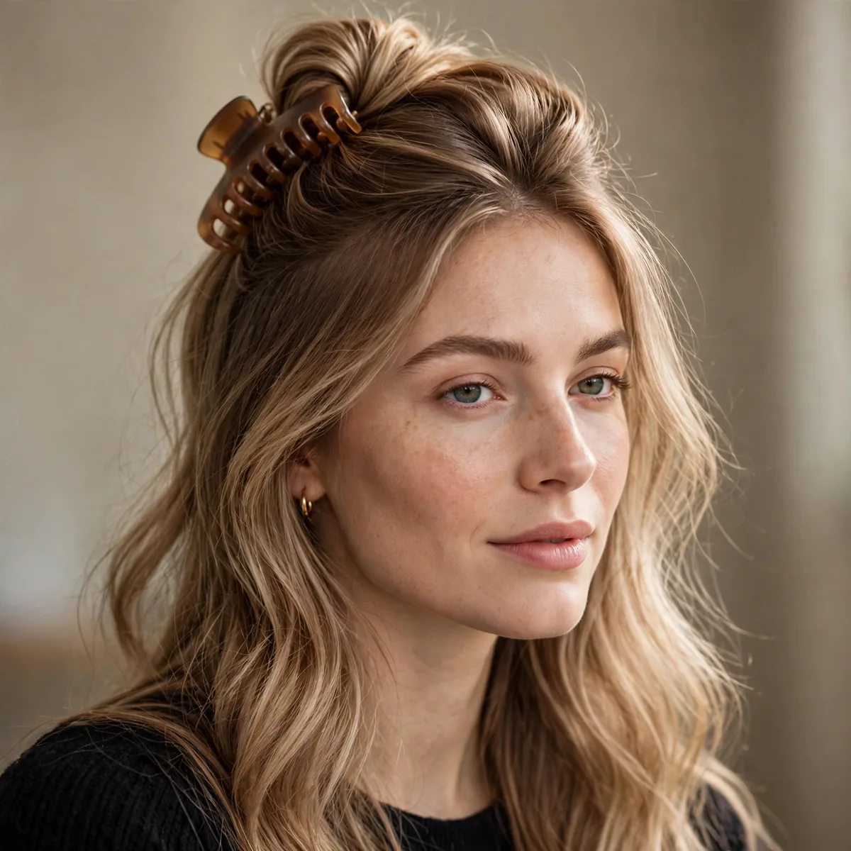 Woman with fine hair in a half-up claw clip with volume at the crown