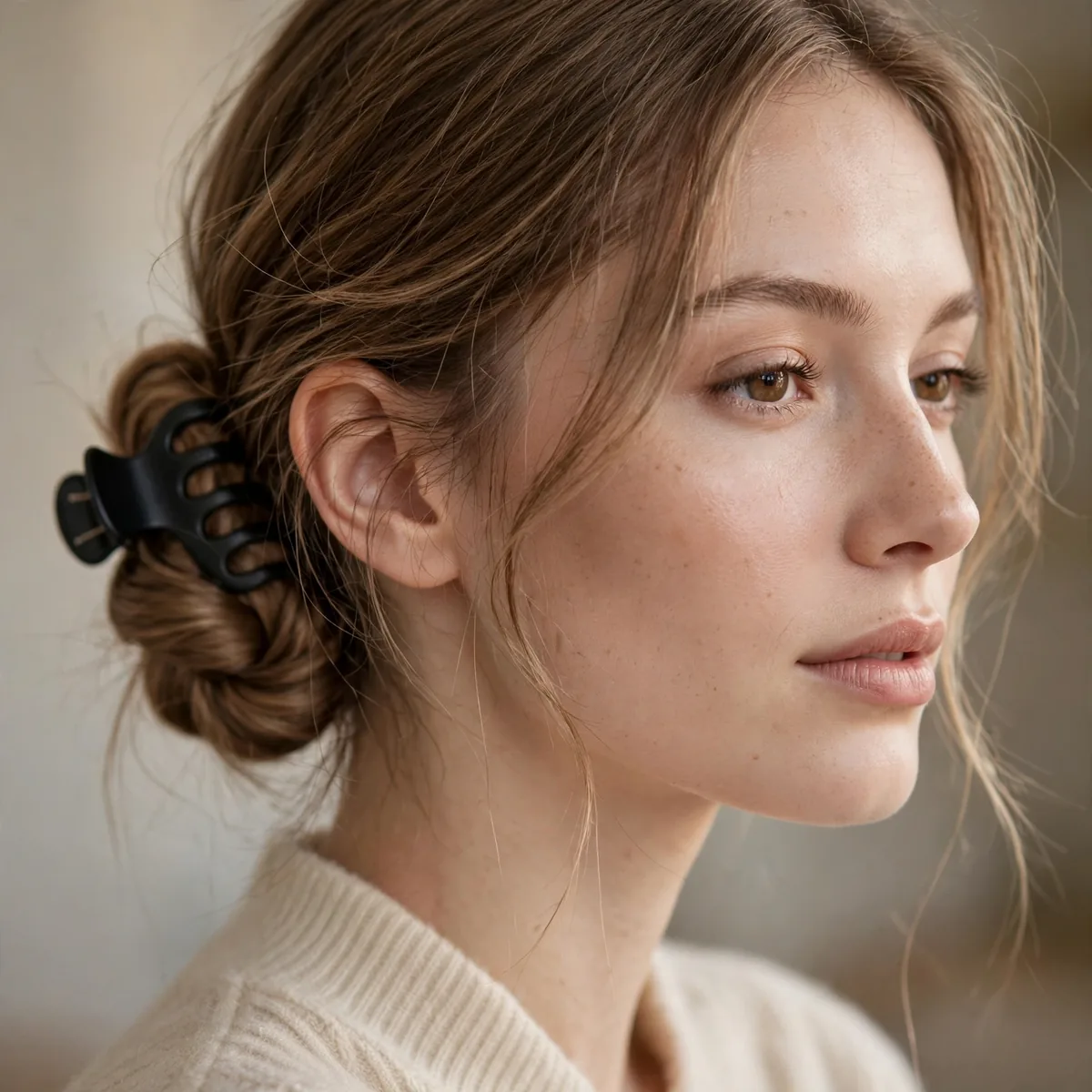 Woman with fine hair in a low twisted claw clip chignon