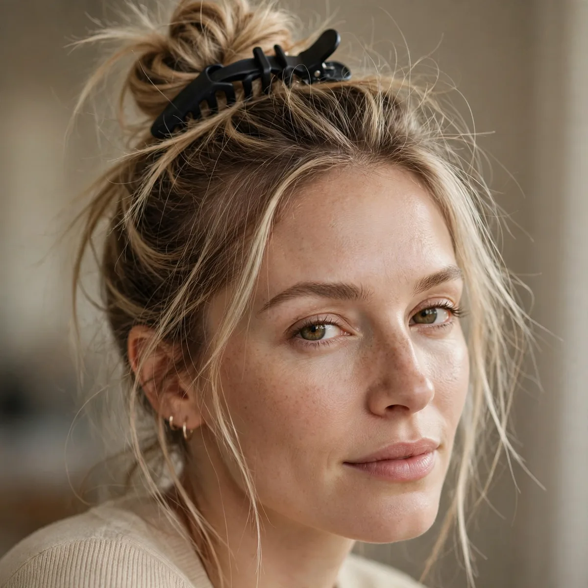 Woman with fine hair in a messy claw clip top knot