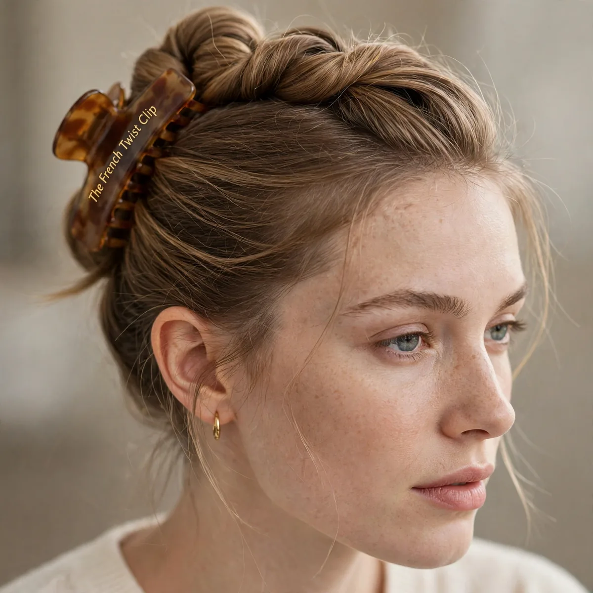 Woman with fine hair in a French twist secured by a claw clip