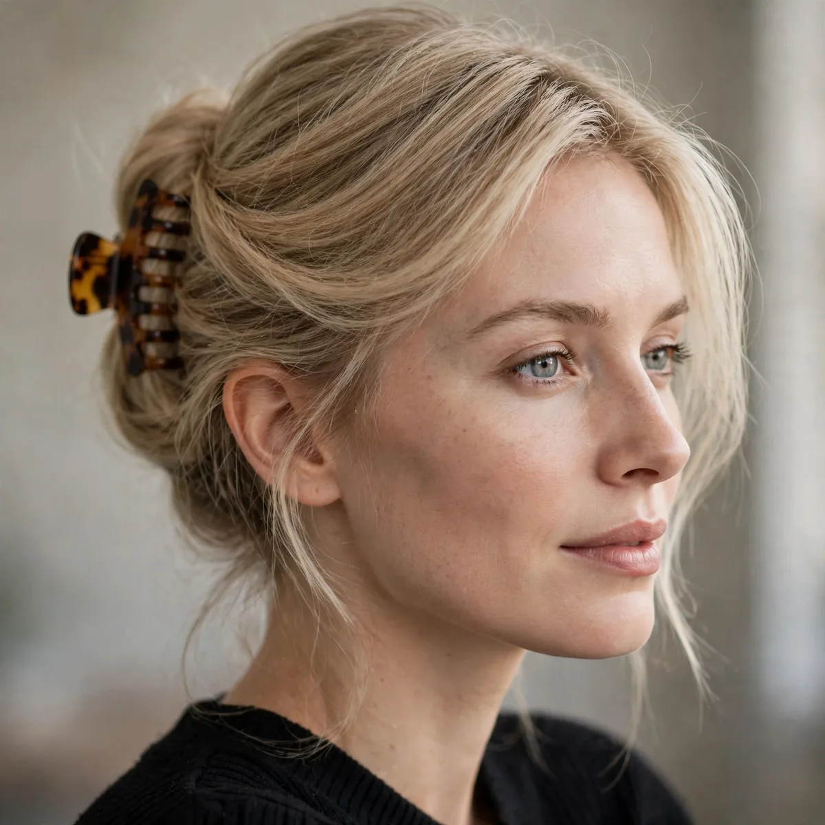 Woman with fine hair swept to the side and secured with a claw clip
