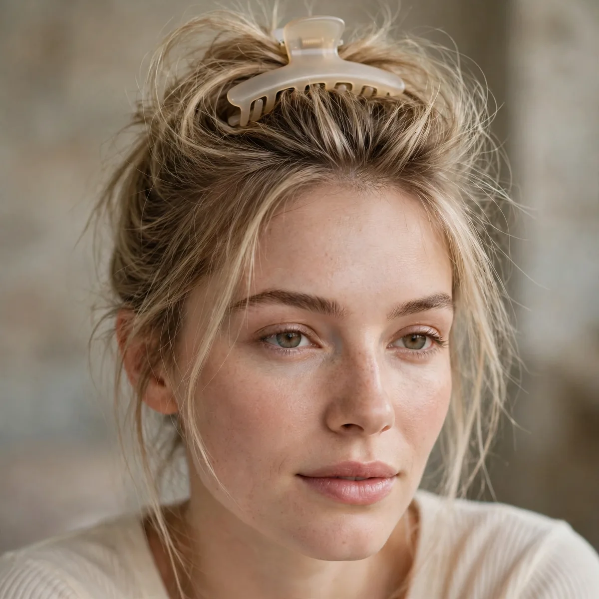 Woman with fine hair with volume at the crown held by a claw clip