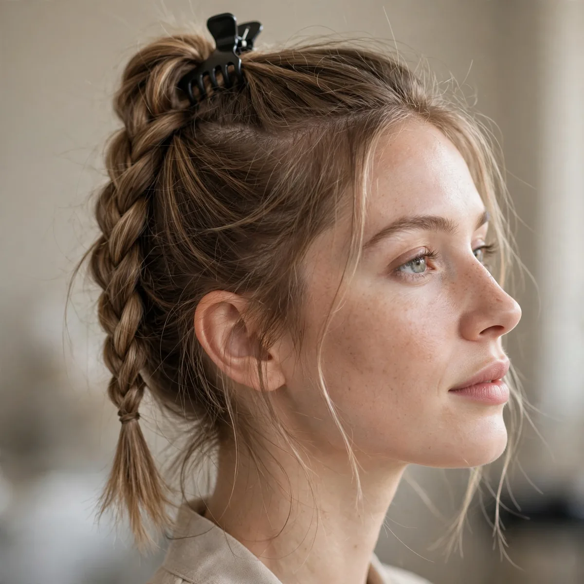 Woman with fine hair in an upside-down braid secured with a claw clip