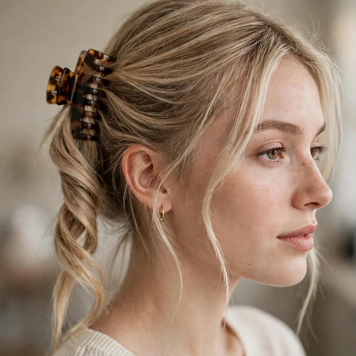 Woman with fine hair in a waterfall twist secured with a claw clip