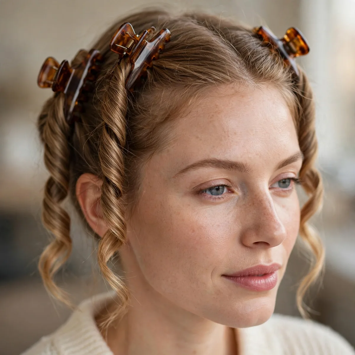 Woman with fine hair in double French twists held by claw clips