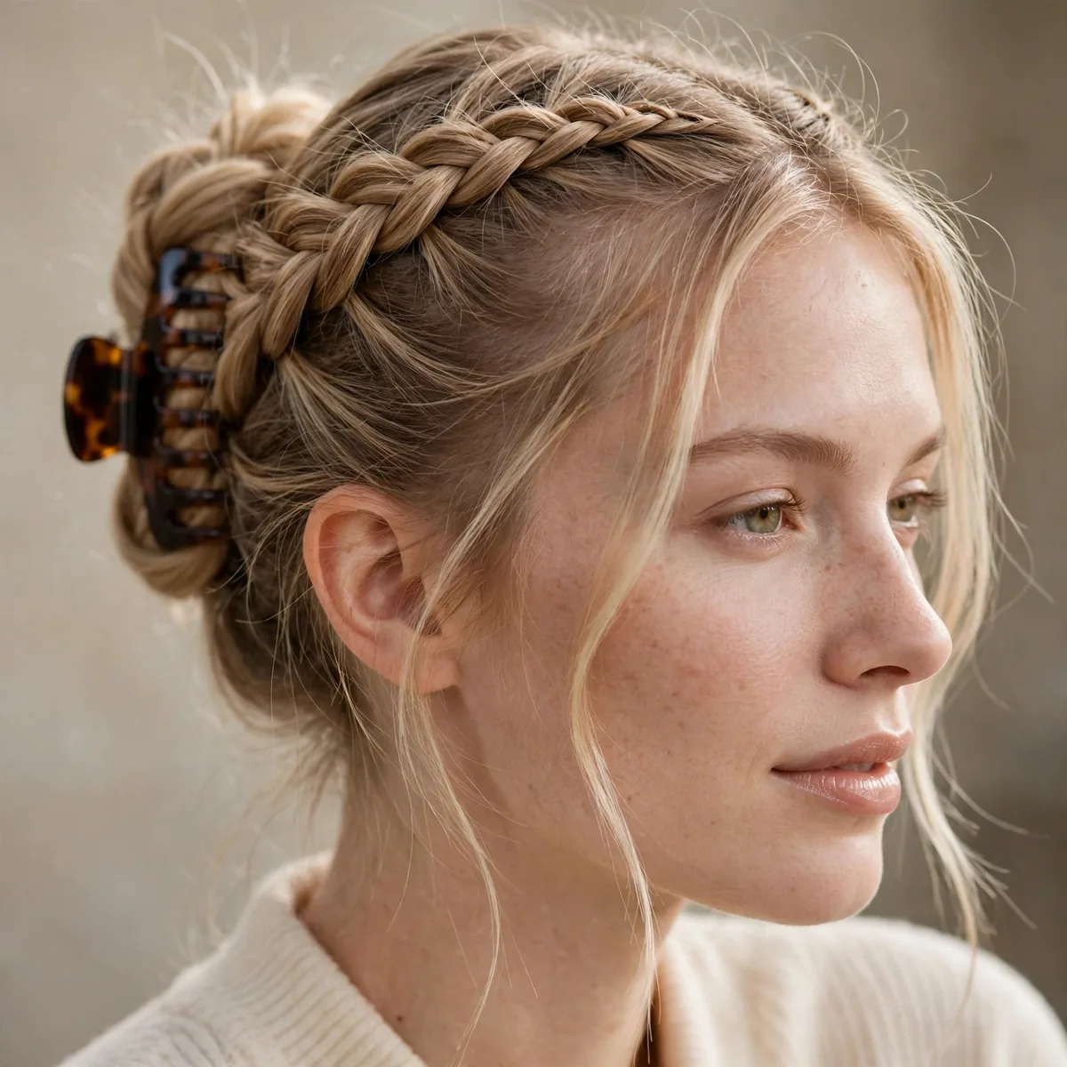 Woman with fine hair in a crown braid flowing into a claw clip updo