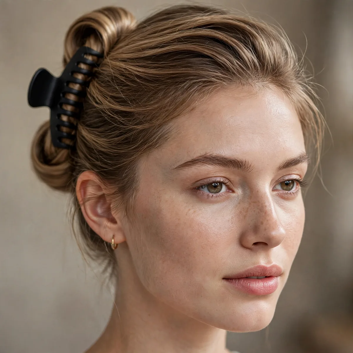 Woman with fine hair in a sleek rolled claw clip updo