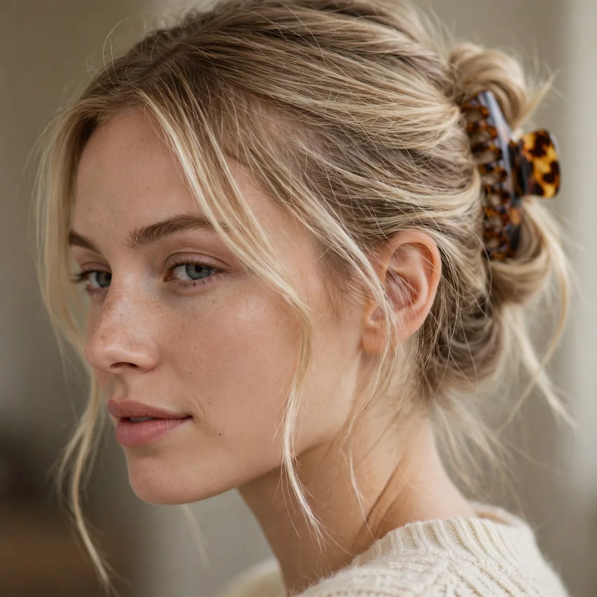 Woman with fine hair in a loose romantic twist with a claw clip
