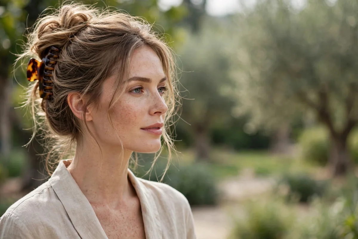 Woman with fine hair styled in a voluminous claw clip updo