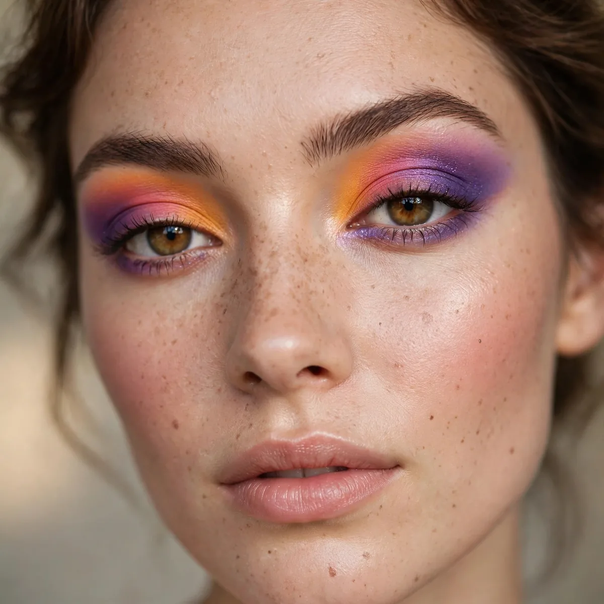 Woman with sunset ombrΓ© eyeshadow in orange pink and purple