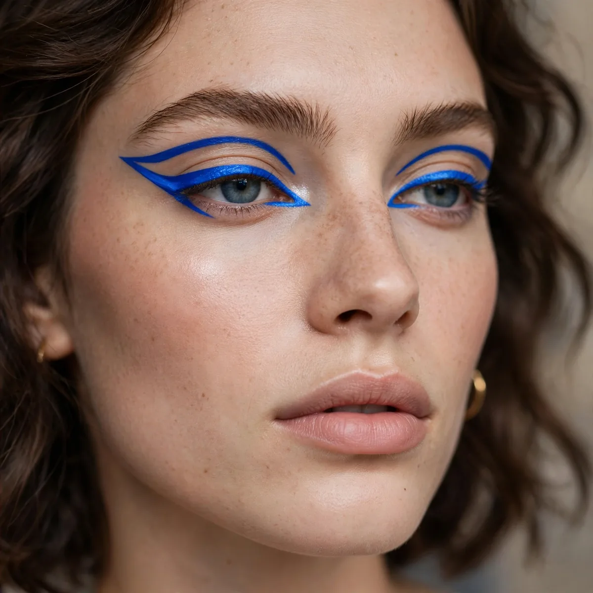 Woman with bold electric blue graphic eyeliner