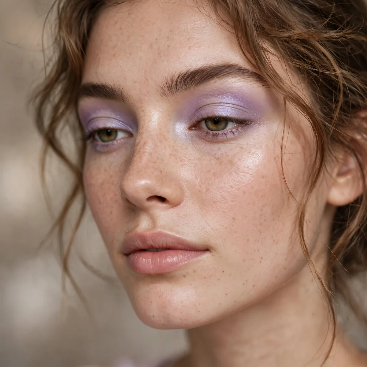 Woman with a soft lavender eyeshadow wash on lids