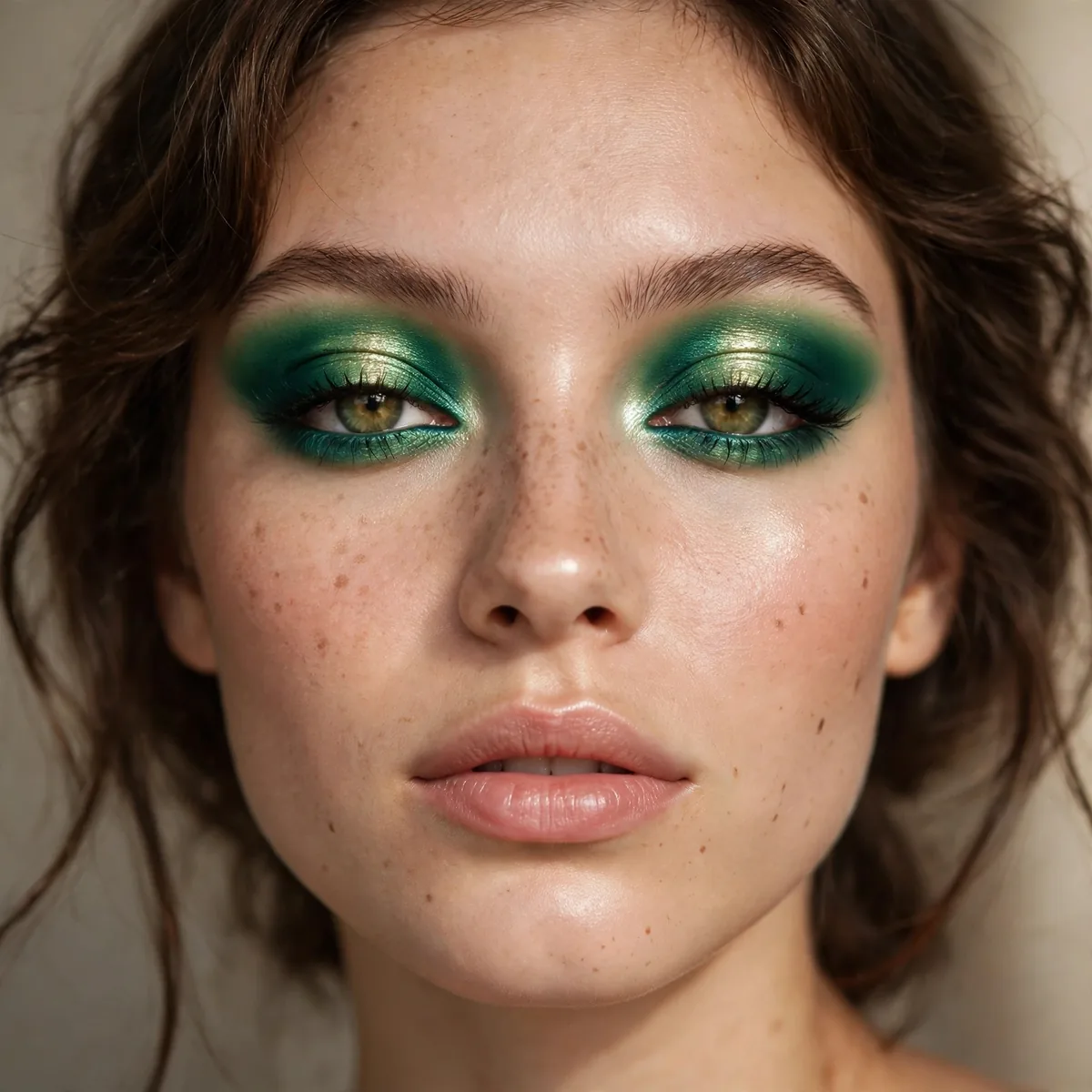 Woman with emerald green halo eyeshadow