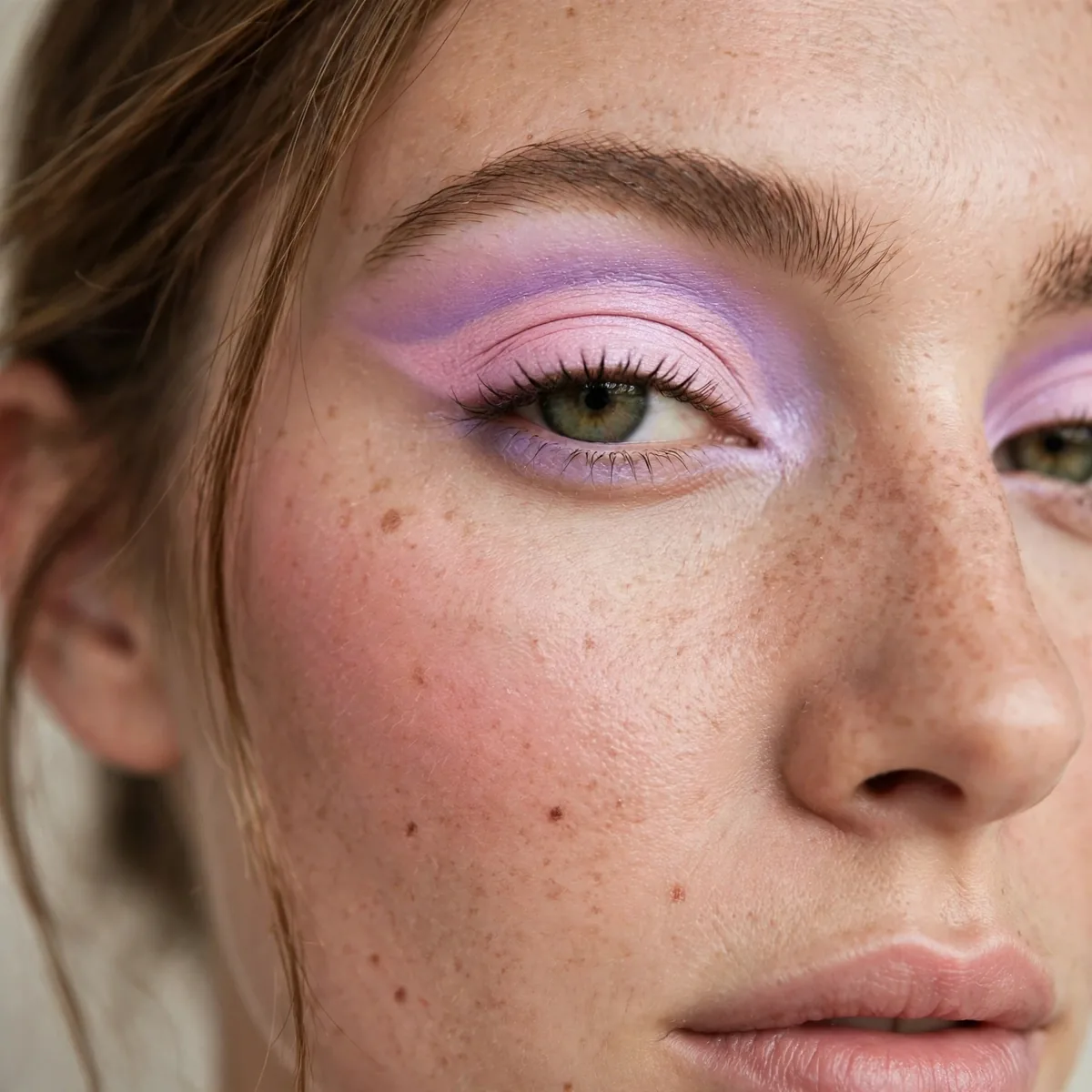 Woman with a pastel cut crease eyeshadow in pink and lilac
