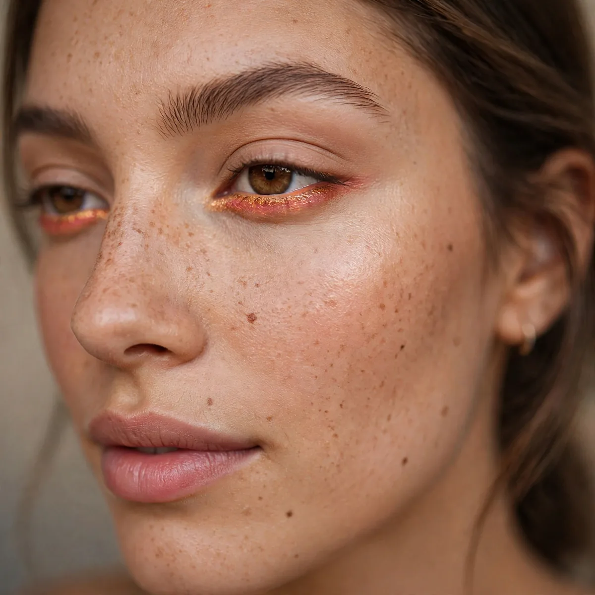 Woman with sunset-colored eyeshadow along the lower lashline