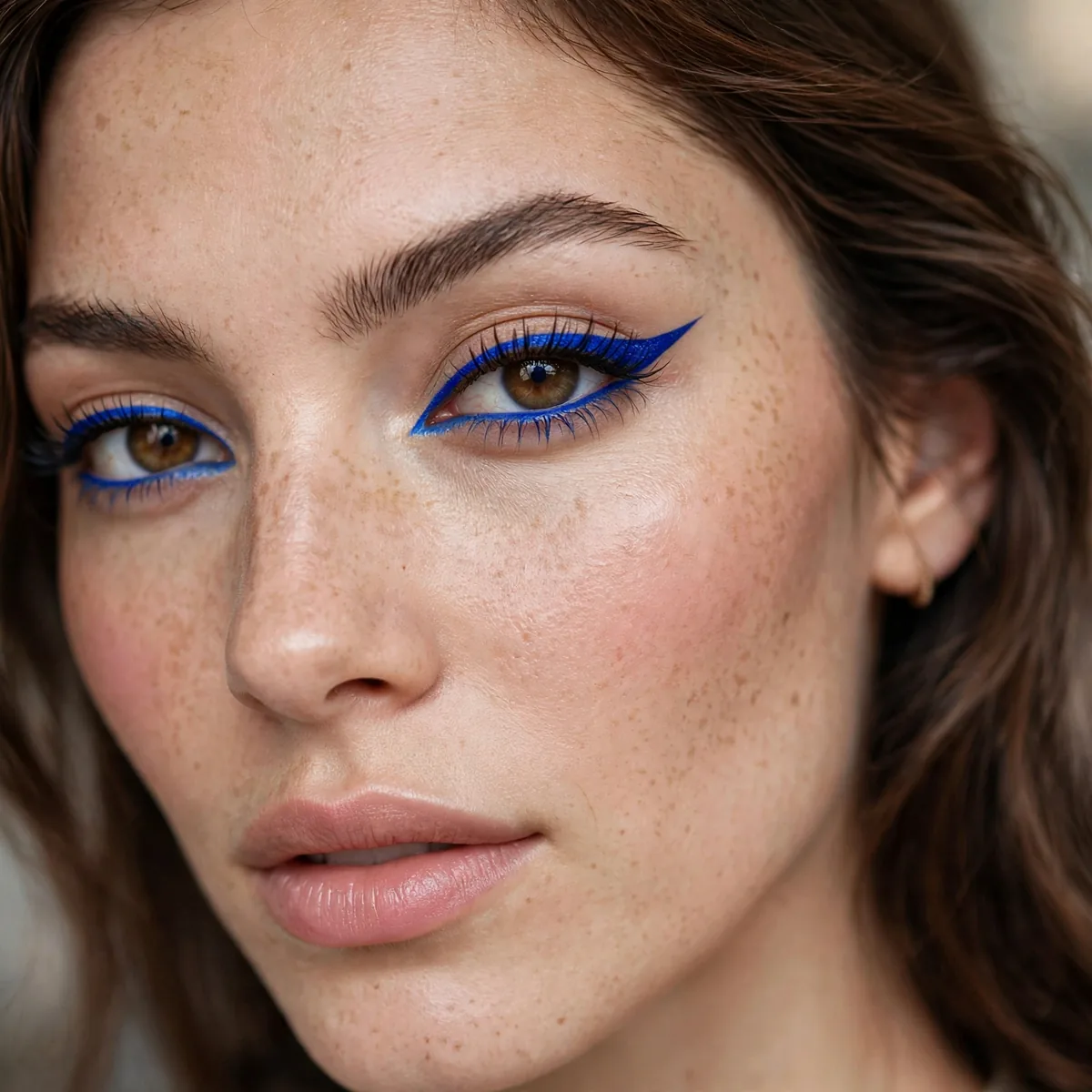 Woman with a cobalt blue cat eye eyeliner look