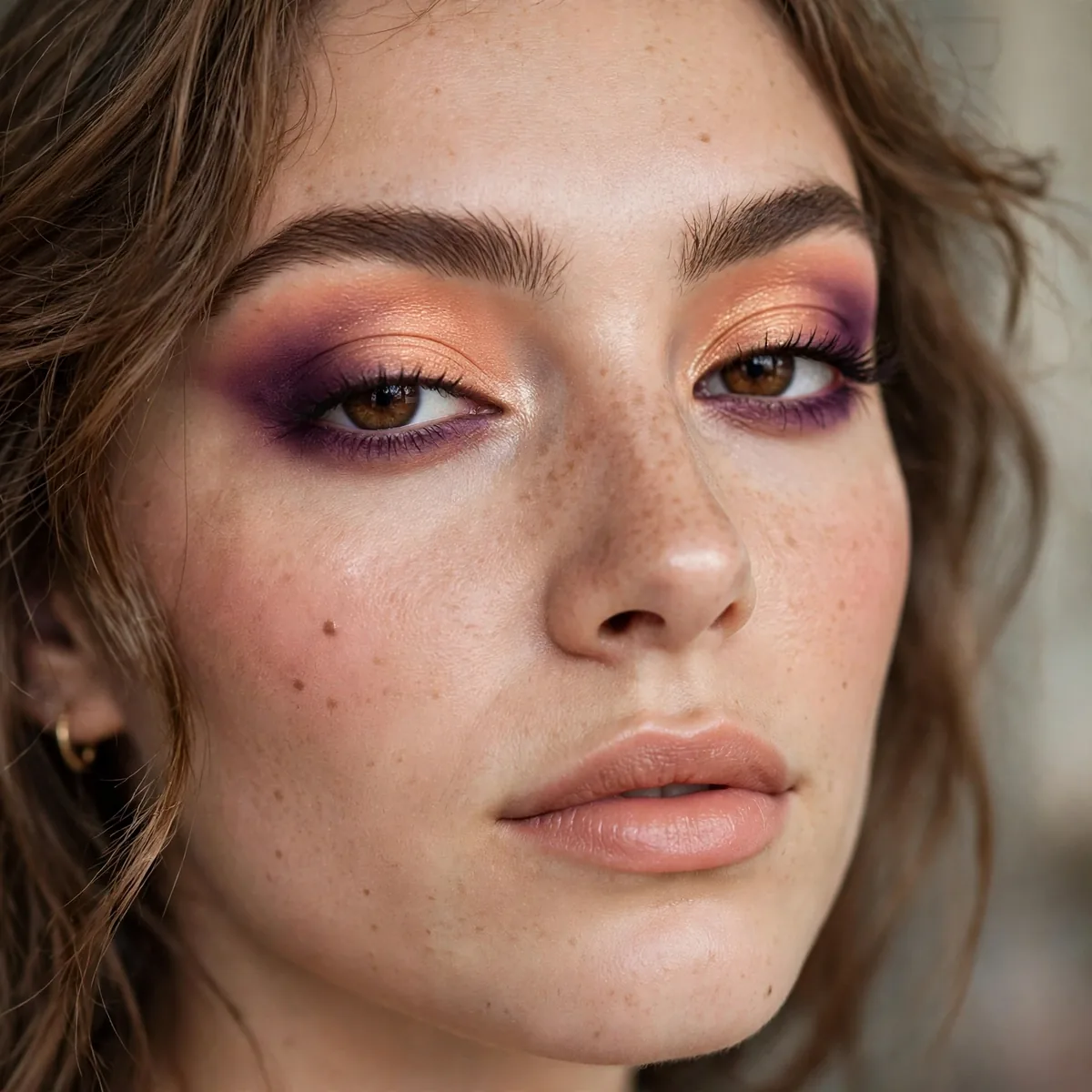 Woman with peach and plum duo eyeshadow look