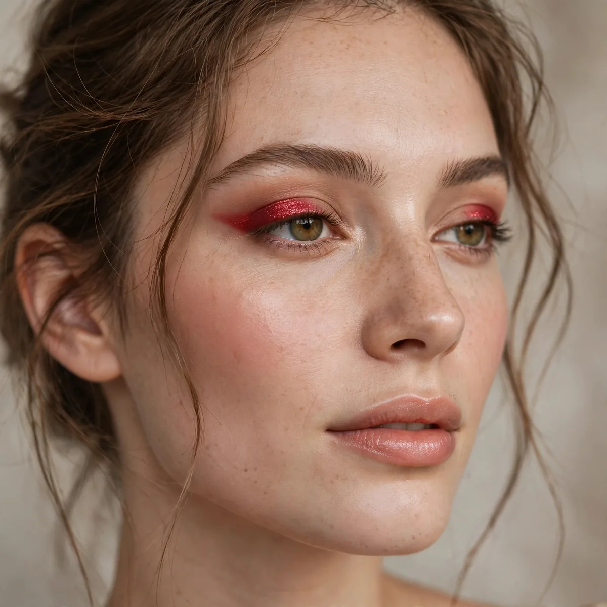 Woman with cherry red eyeshadow accent on lids