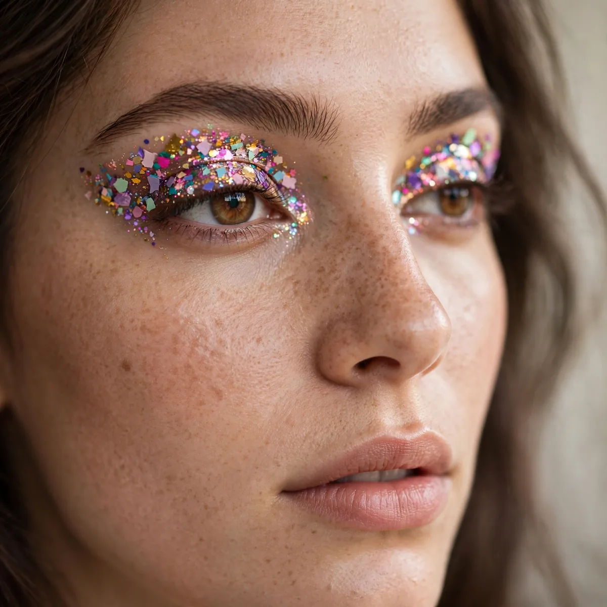 Woman with multicolor confetti eyeshadow across lids