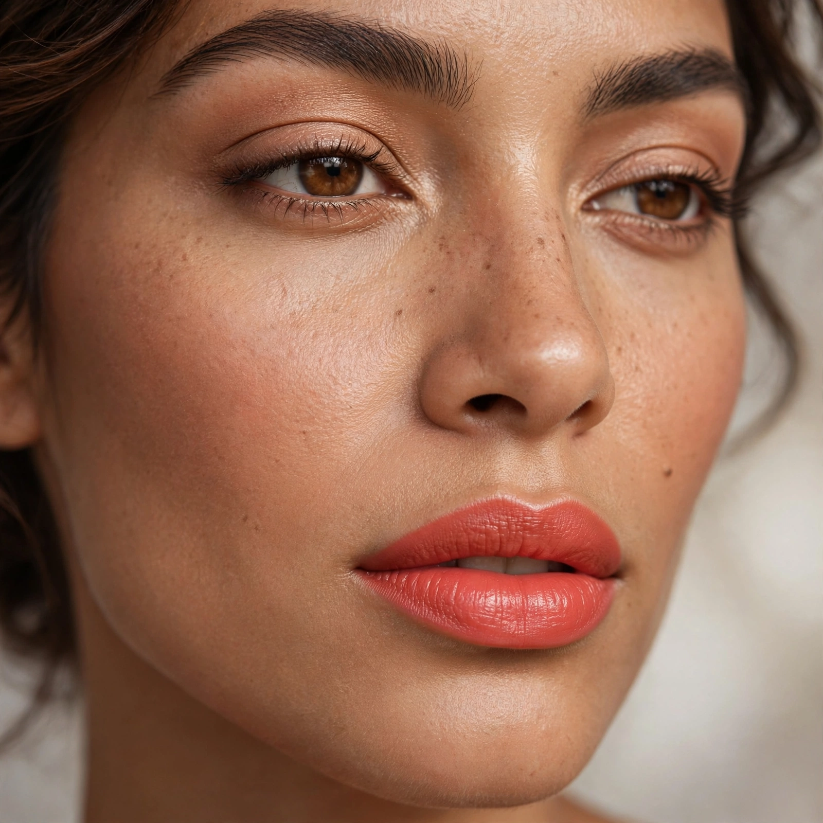 Coral lipstick on medium skin
