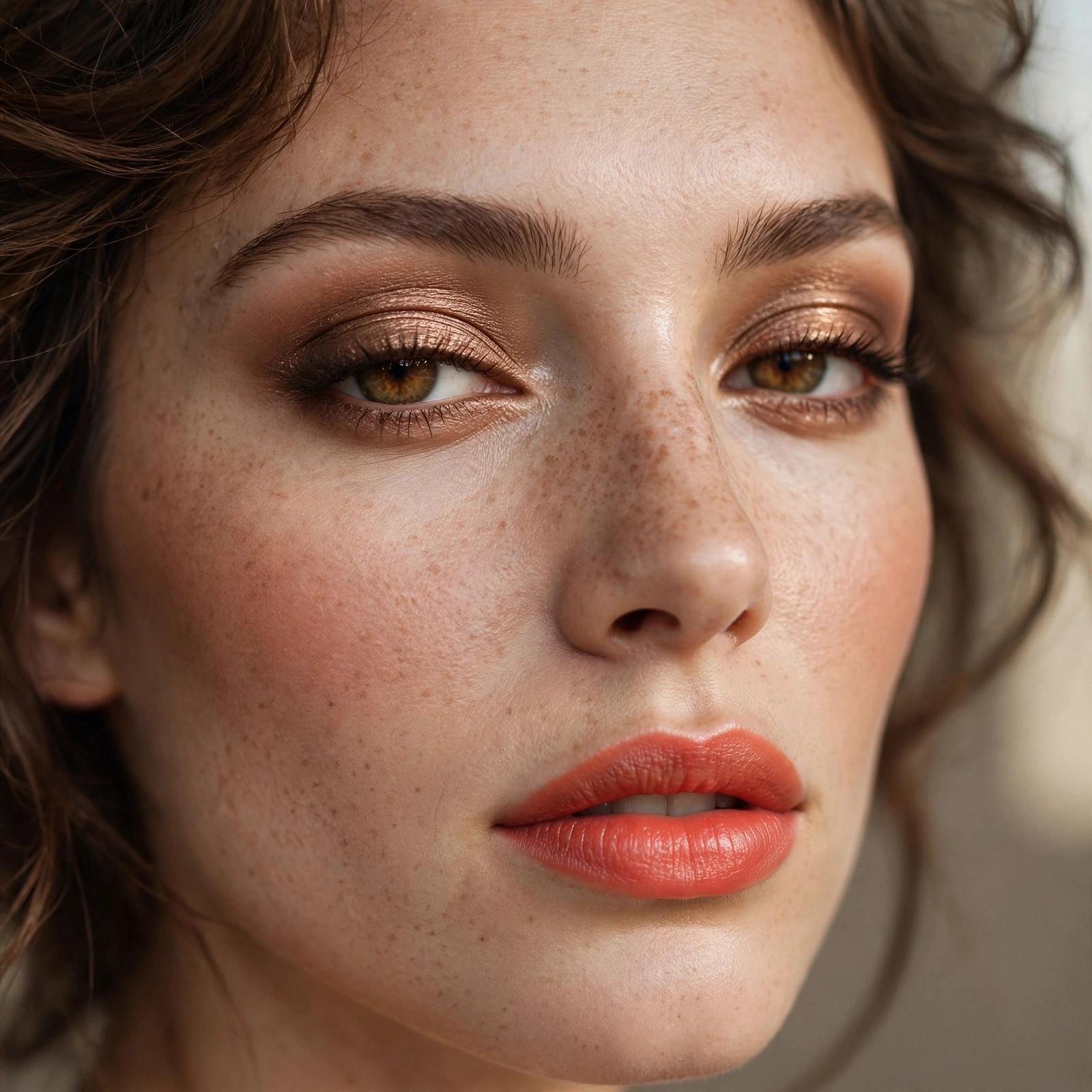 Coral lips with bronze eyes