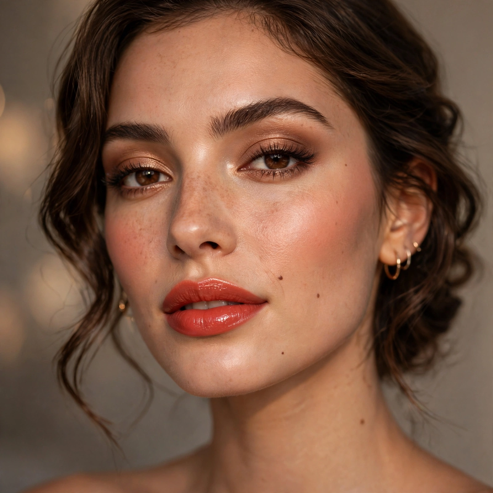 Coral lipstick evening look
