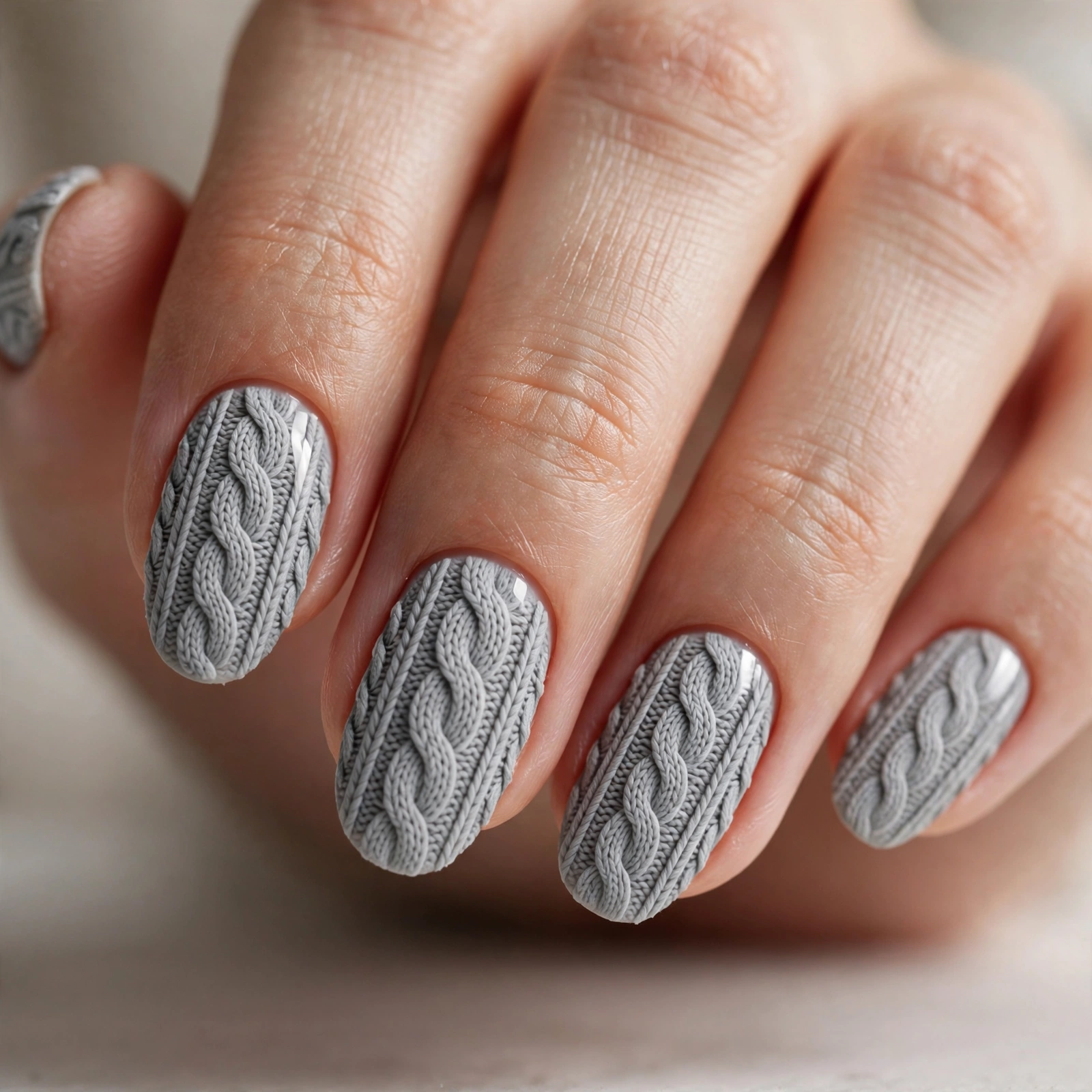 Grey cable knit modern nail art
