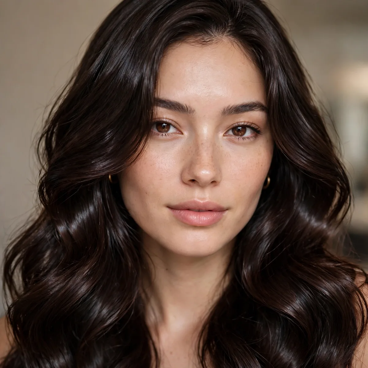 Woman with deep espresso brown glossy hair