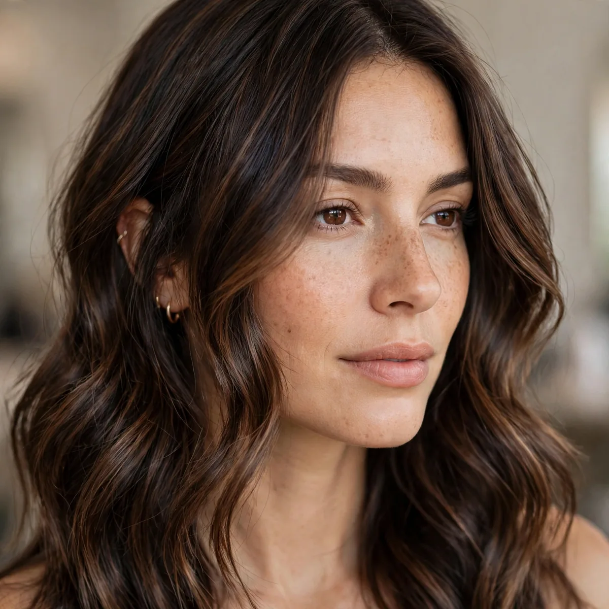 Woman with dark chocolate balayage on brown hair