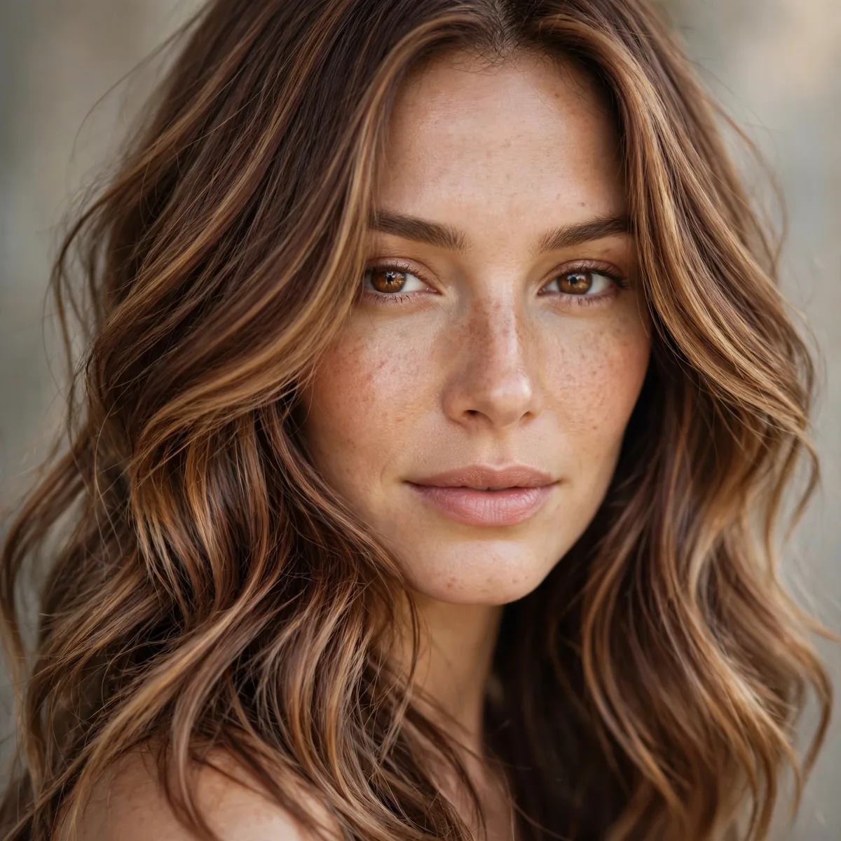 Woman with cocoa bronde blended brown hair