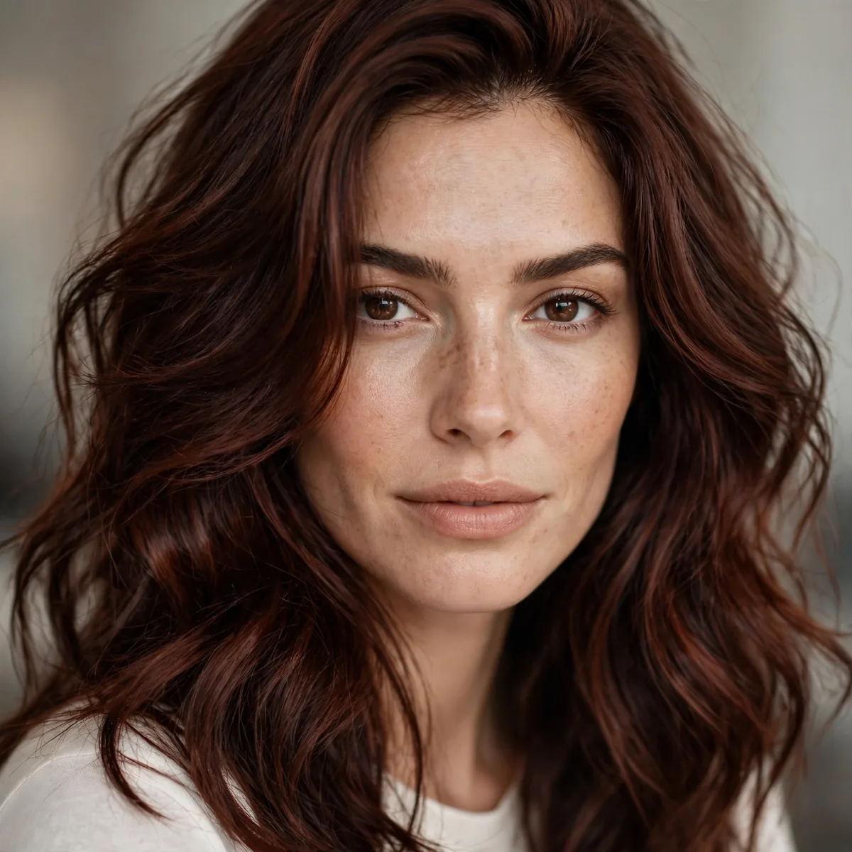 Woman with rich mahogany brown hair