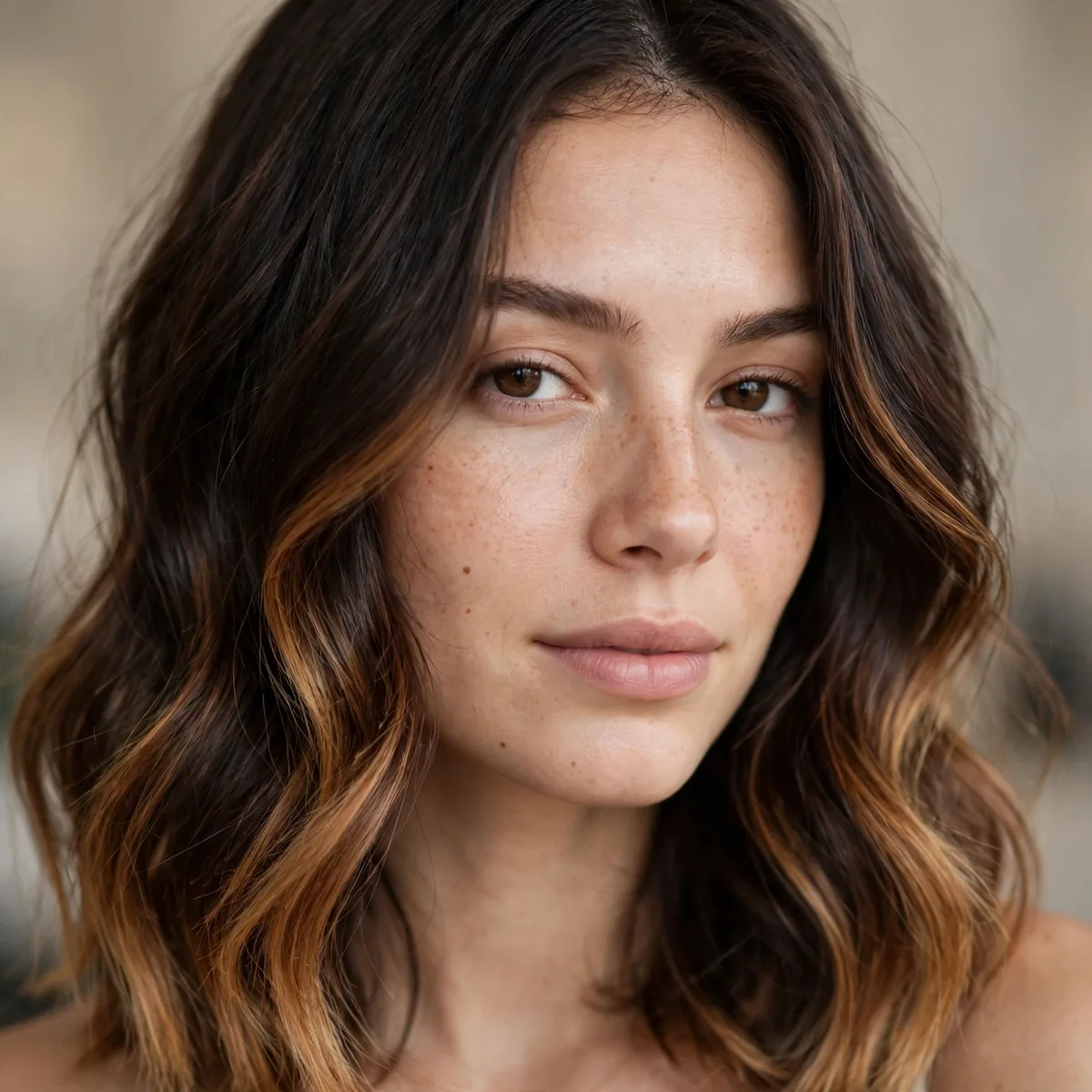 Woman with toffee-tipped ends on dark brown hair