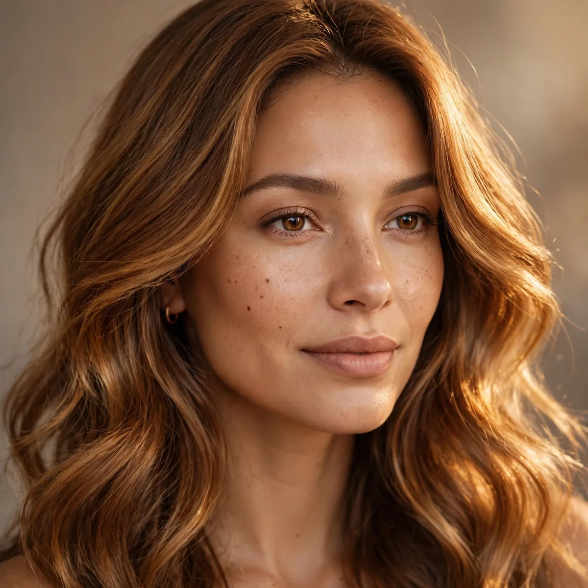 Woman with golden chestnut glowing brown hair