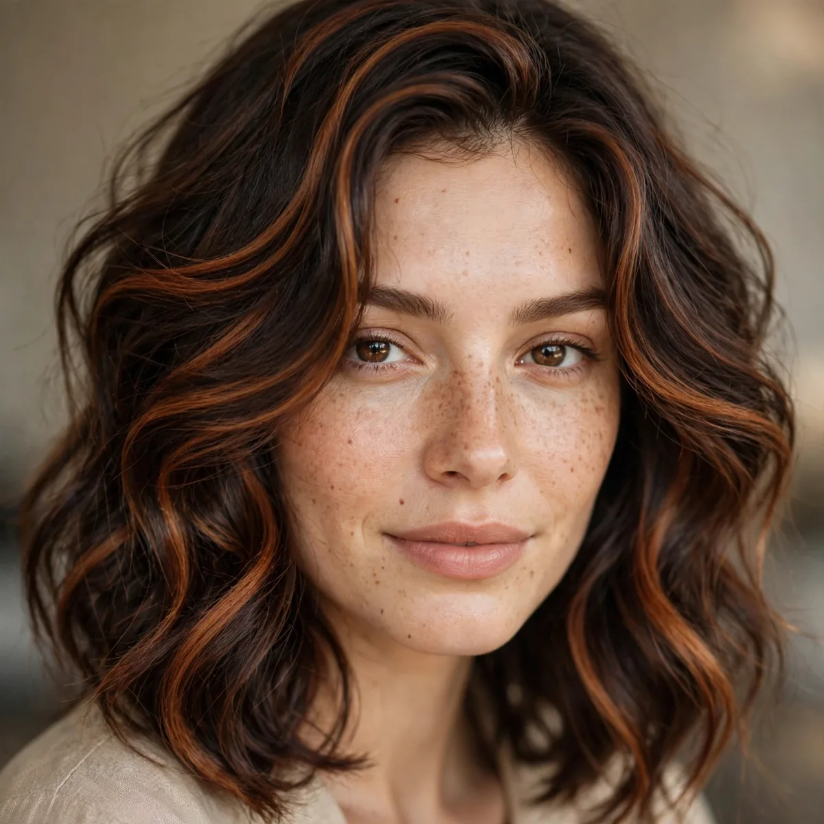 Woman with cinnamon swirl tones in dark brown hair