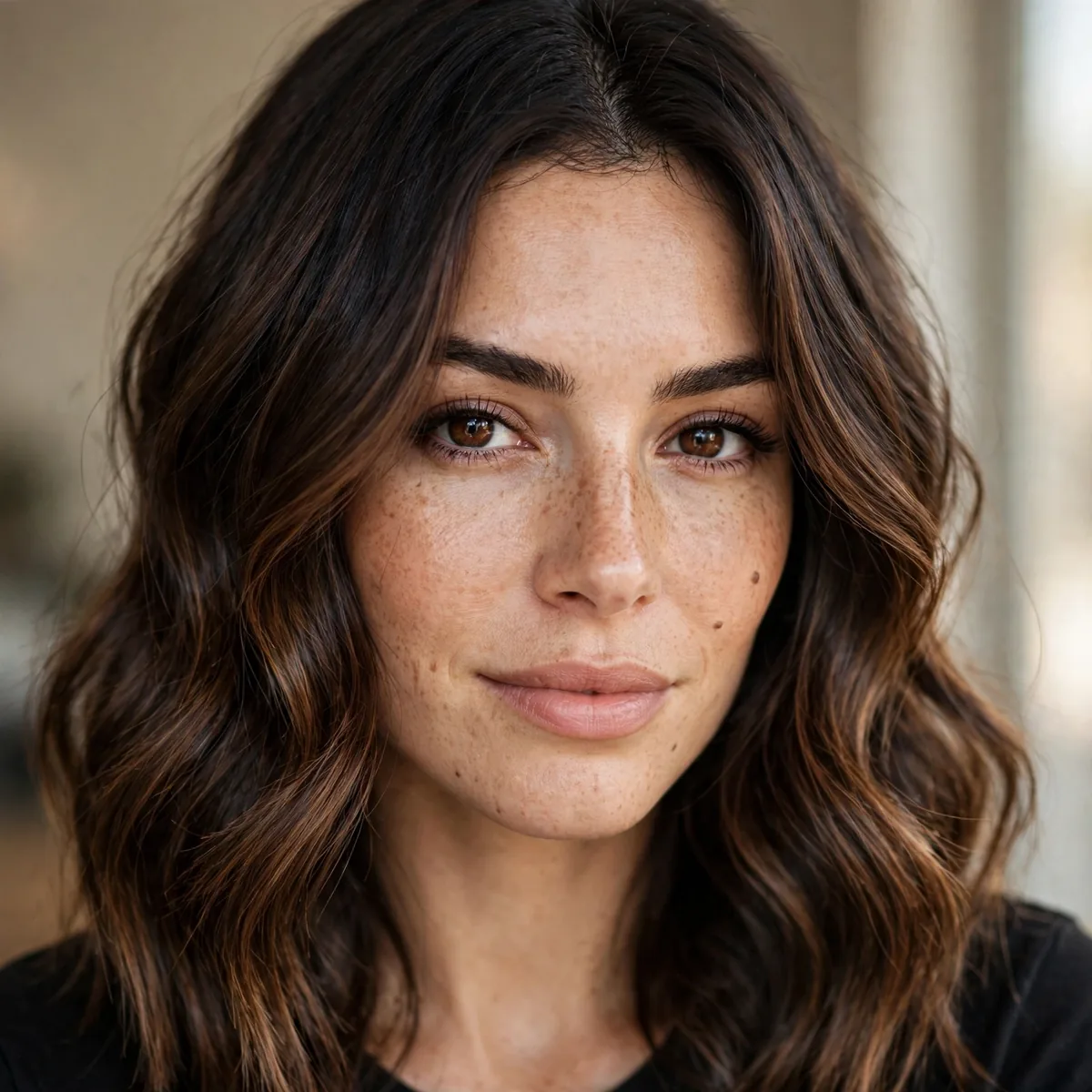 Woman with rooted espresso melted hair color